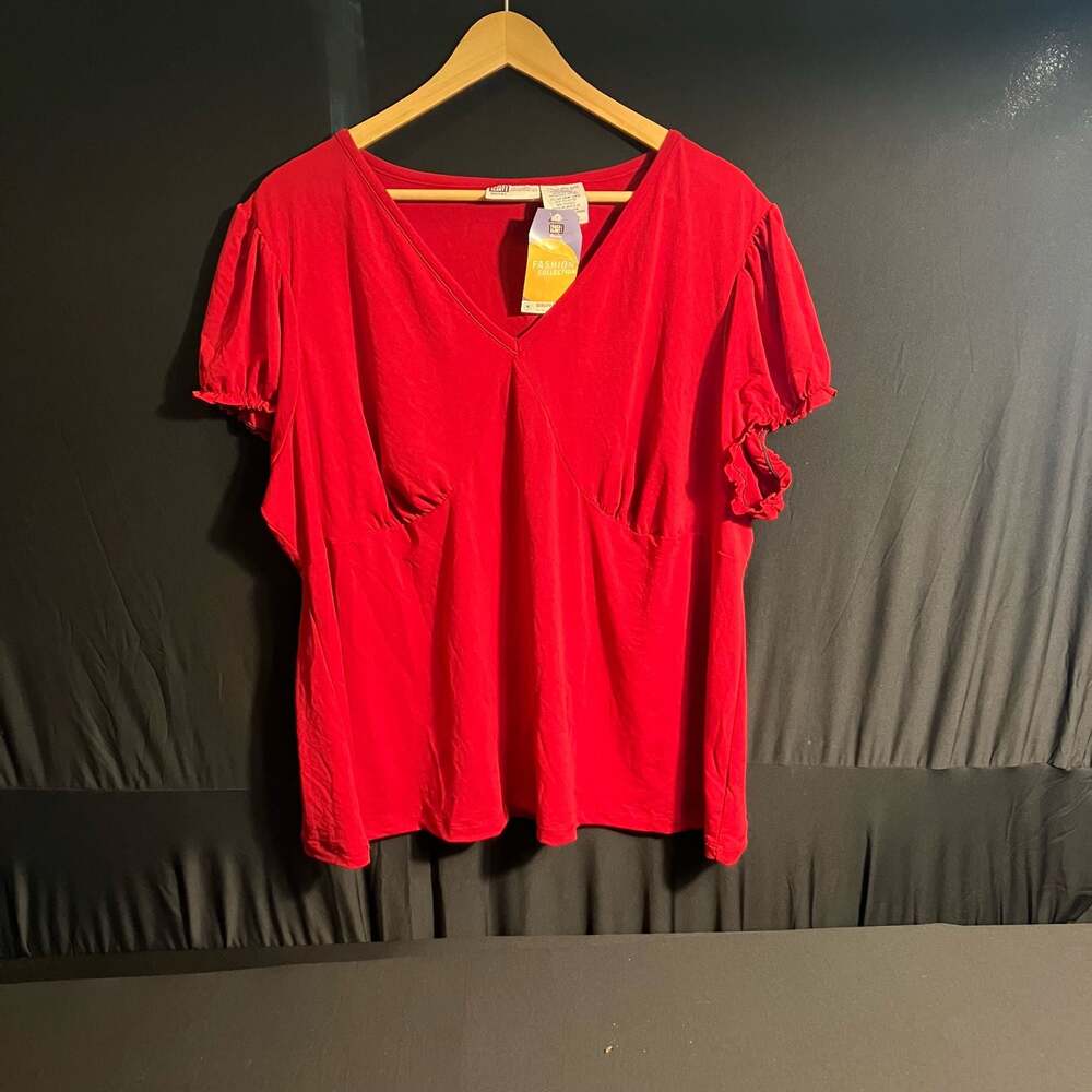 Faded Glory Women's Solid V-Neck Short Ruffle Sleeve Red Plus Size Top Size NWT